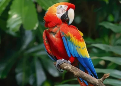 Guacamayo posado en una rama sobre fondo verde en la selva de Ecuador